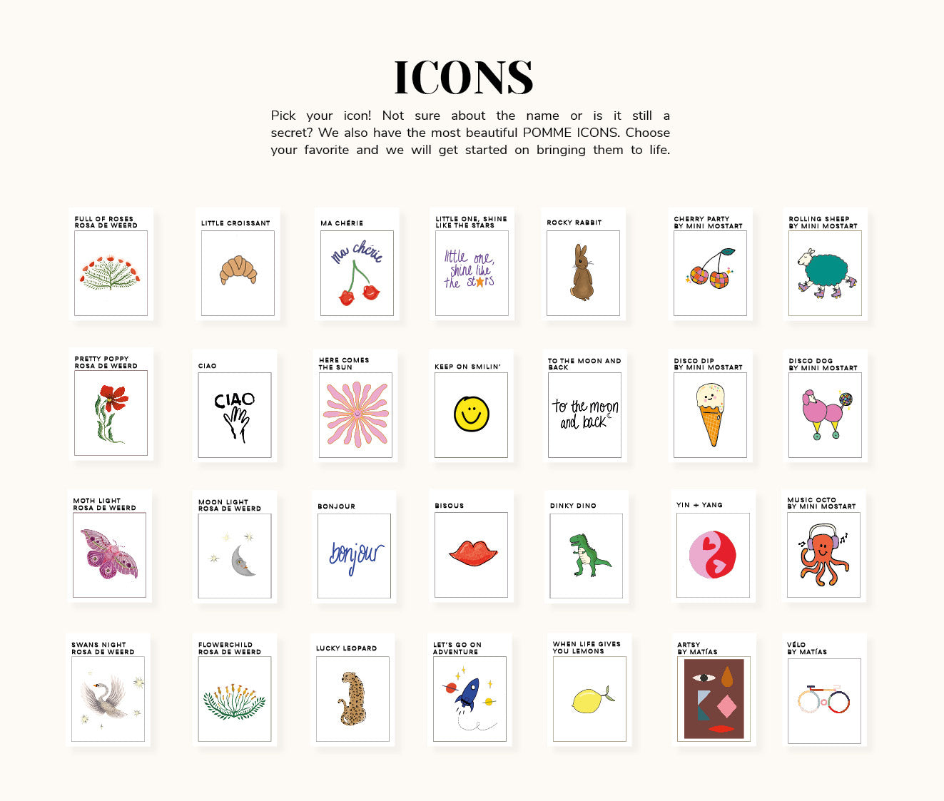 De icoontjes waar je uit kunt kiezen voor het personaliseren