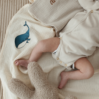 baby ligt met knuffel op twee lakens met icoon en gepersonaliseerde tekst. 