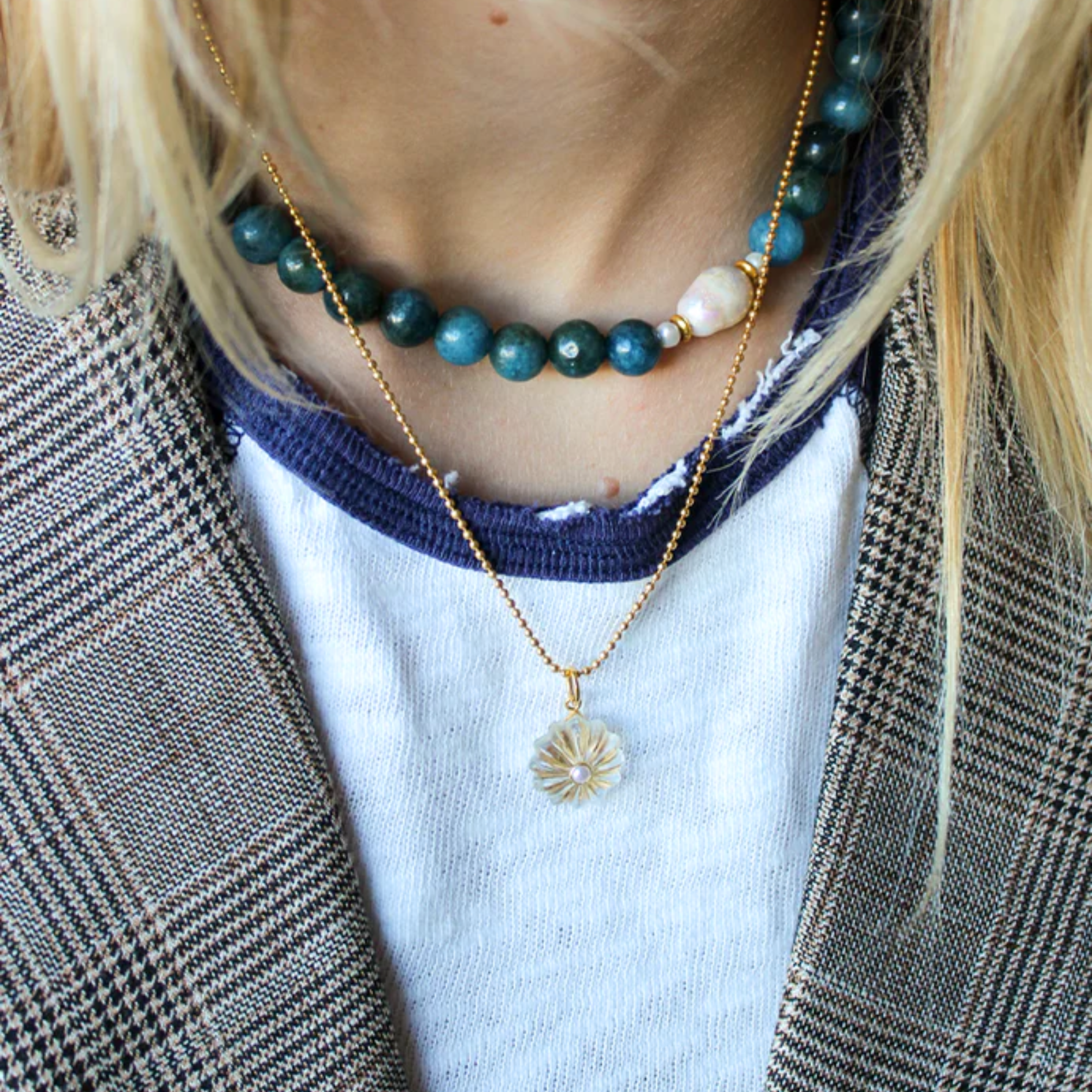 VESSONITE GEMSTONE NECKLACE WITH PEARL | MISTY BLUE