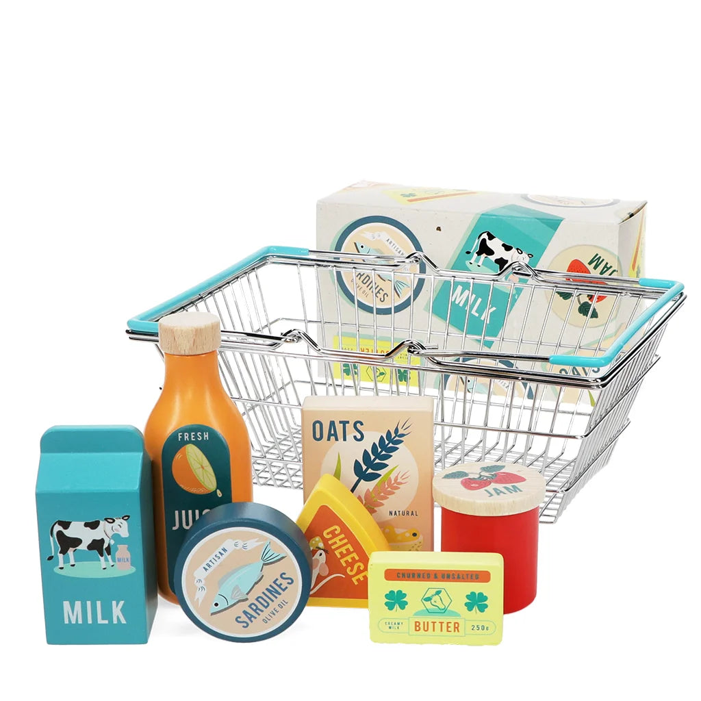 Houten boodschappen speelset met mandje